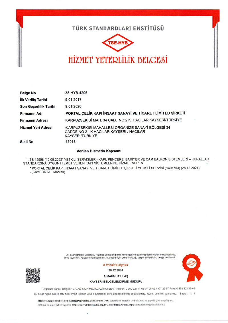 Portal Çelik Kapı Belgelerimiz