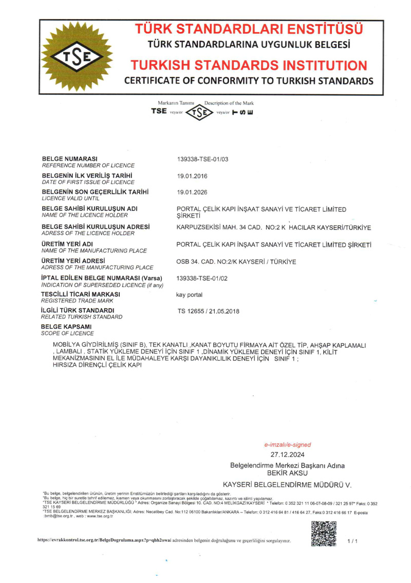 Portal Çelik Kapı Belgelerimiz