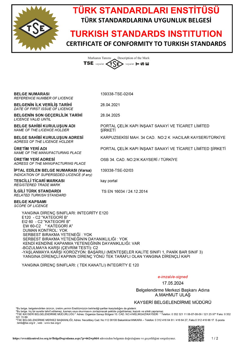 Portal Çelik Kapı Belgelerimiz