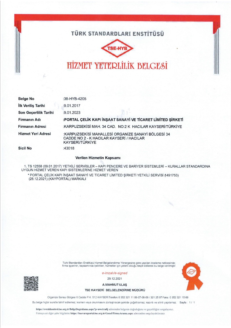 Portal Çelik Kapı Belgelerimiz