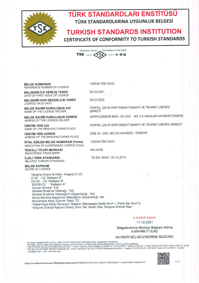 Portal Çelik Kapı Belgelerimiz