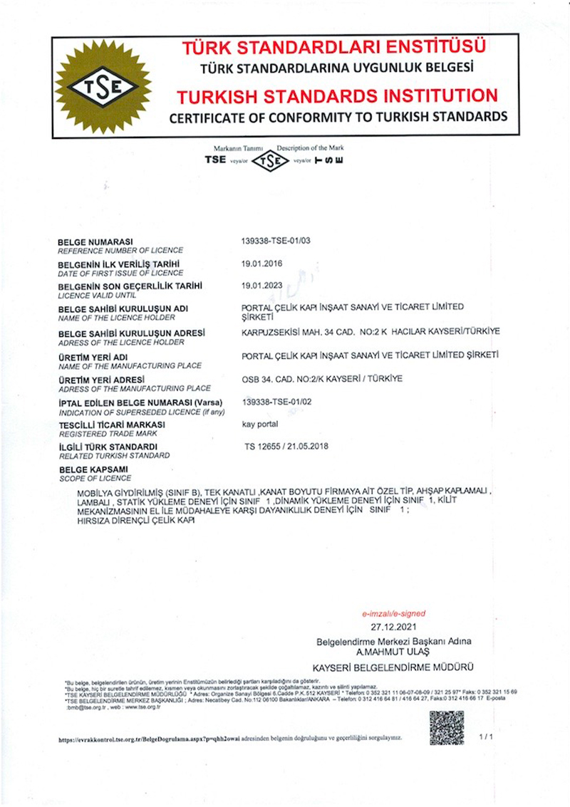 Portal Çelik Kapı Belgelerimiz